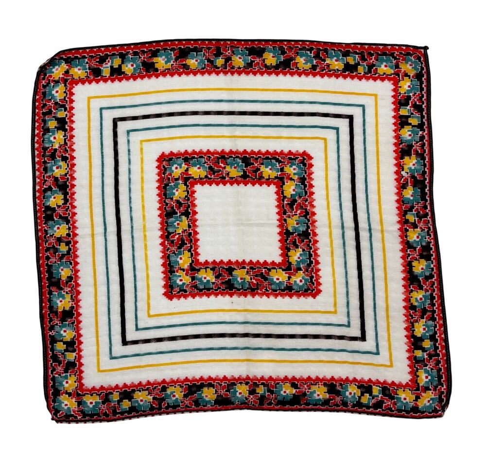 Vintage 1940s Yellow Pixelated Floral Geometric Multi Border Cotton Handkerchief